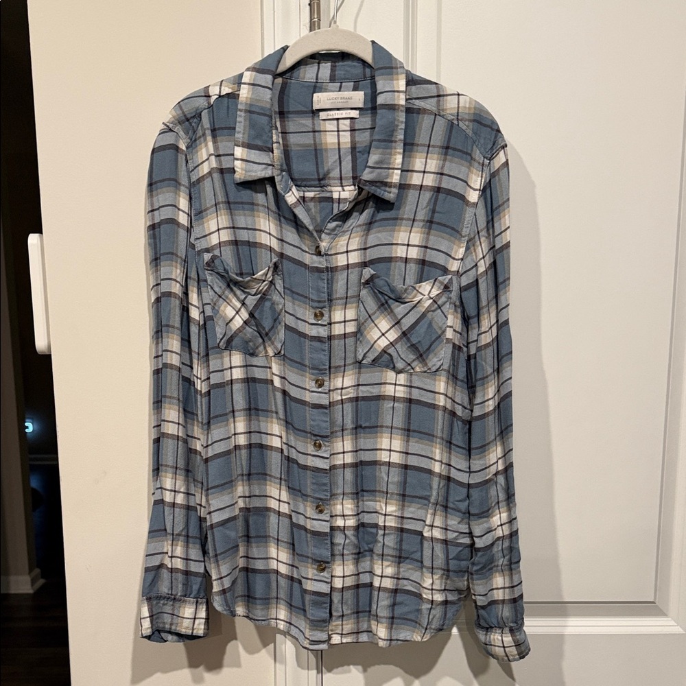 Lucky Brand Blue and White Plaid Flannel Button-Down Shirt